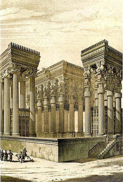 Reconstructed architectural drawing of the Apadana Hall by Charles Chipiez, from Wikimedia Commons